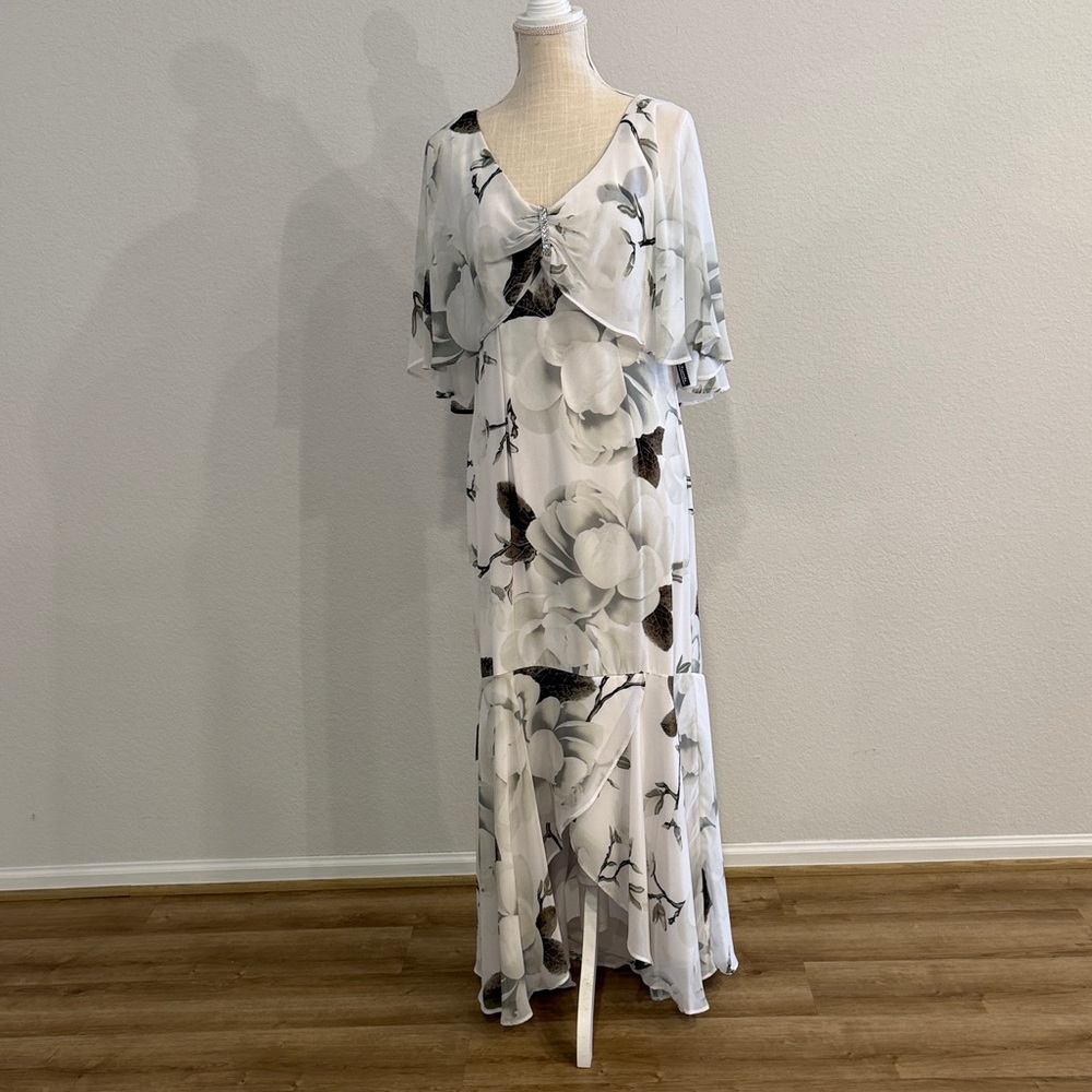 R&M Richards White Floral Maxi Dress with Grey and Black Accents
